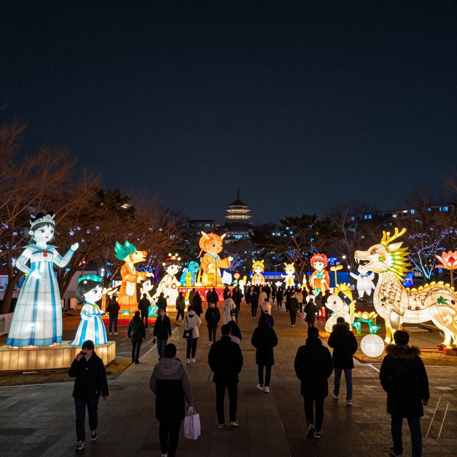 밤에 빛나는 부산연등축제 송상현광장 전경, 연등과 대형 조형물이 아름답게 점등된 모습