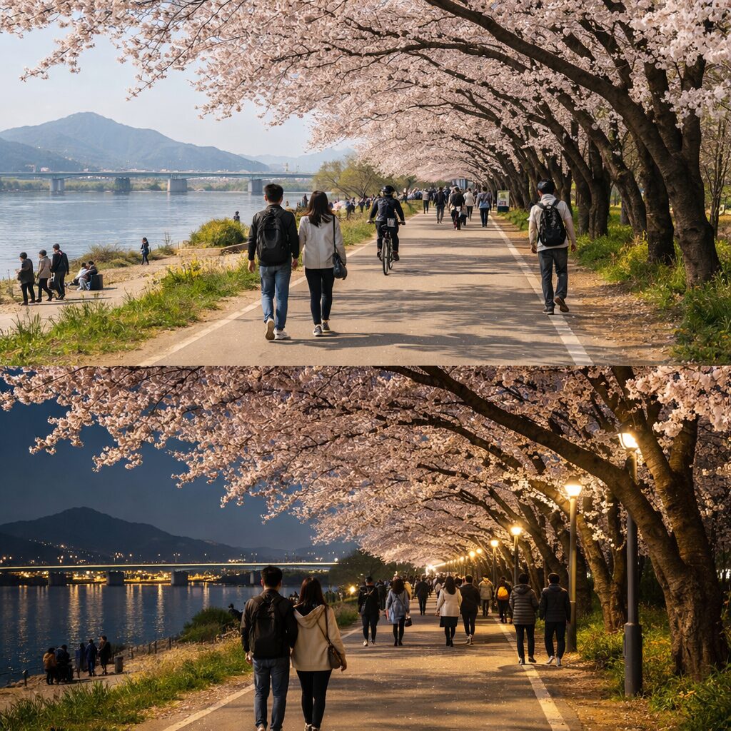 부산 대저생태공원 낙동강변 벚꽃 터널 길 낮과 밤 풍경