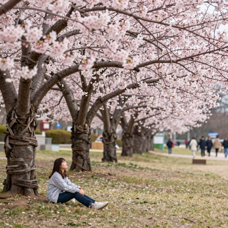 2026년 봄 부산 유엔공원에 핀 화사한 핑크색 겹벚꽃 나무와 잔디밭 풍경