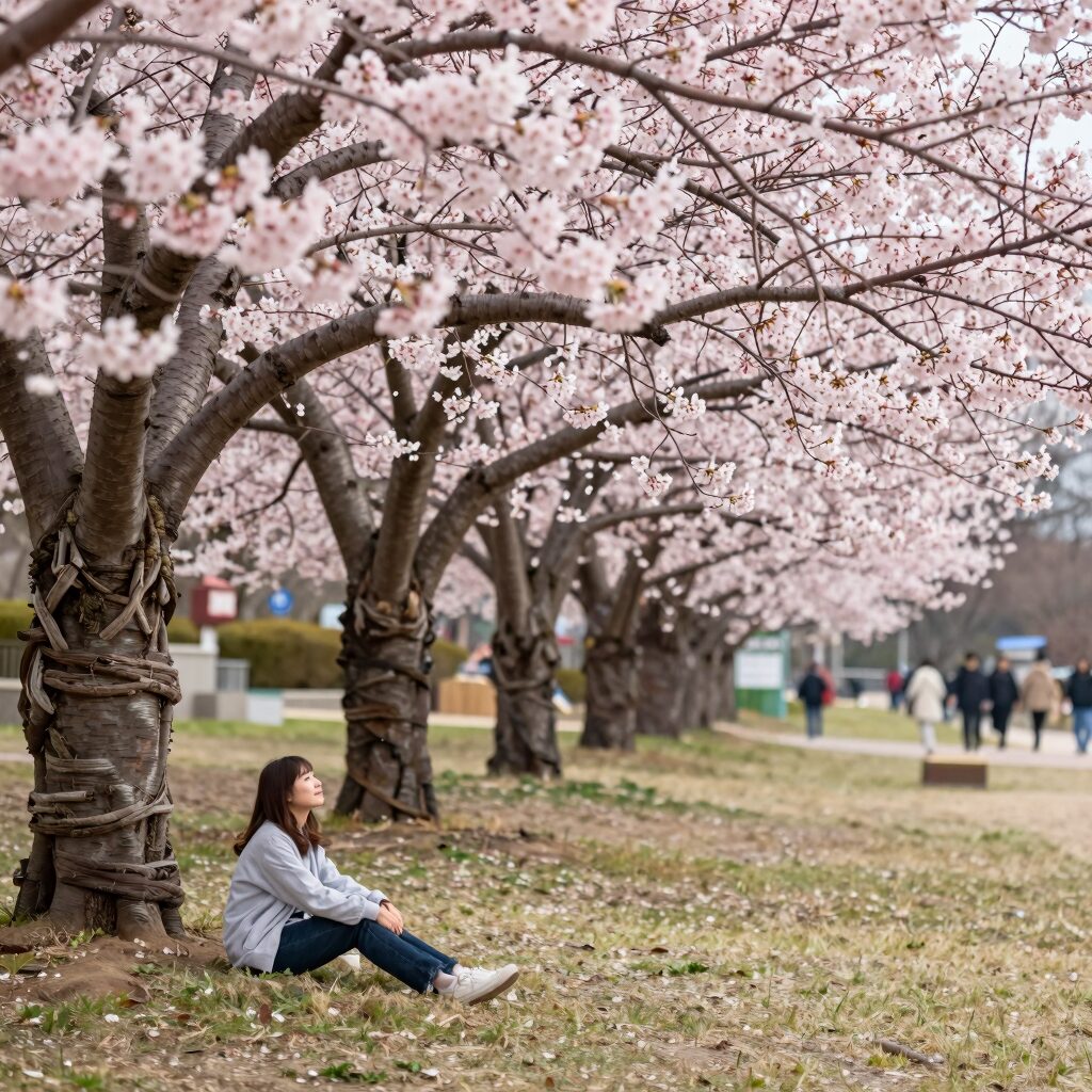 2026년 봄 부산 유엔공원에 핀 화사한 핑크색 겹벚꽃 나무와 잔디밭 풍경