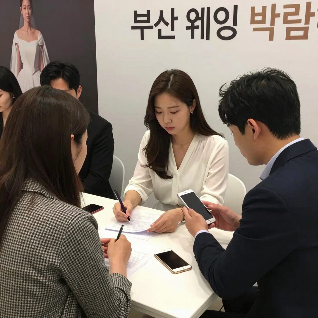 부산 웨딩 박람회 현장에서 스드메 상담을 받고 있는 모습