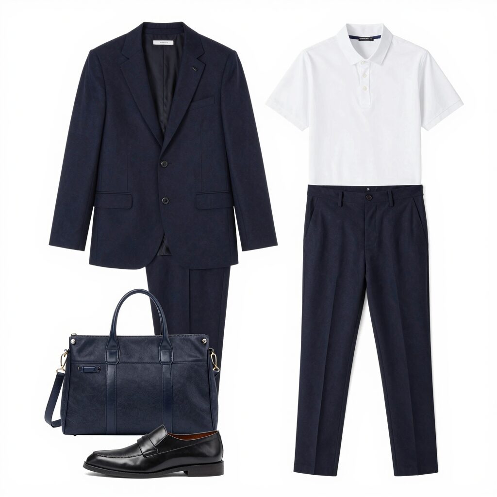 짙은 청남방을 슬랙스 안에 넣어 입은 단정한 비즈니스 캐주얼 출근룩 스타일링