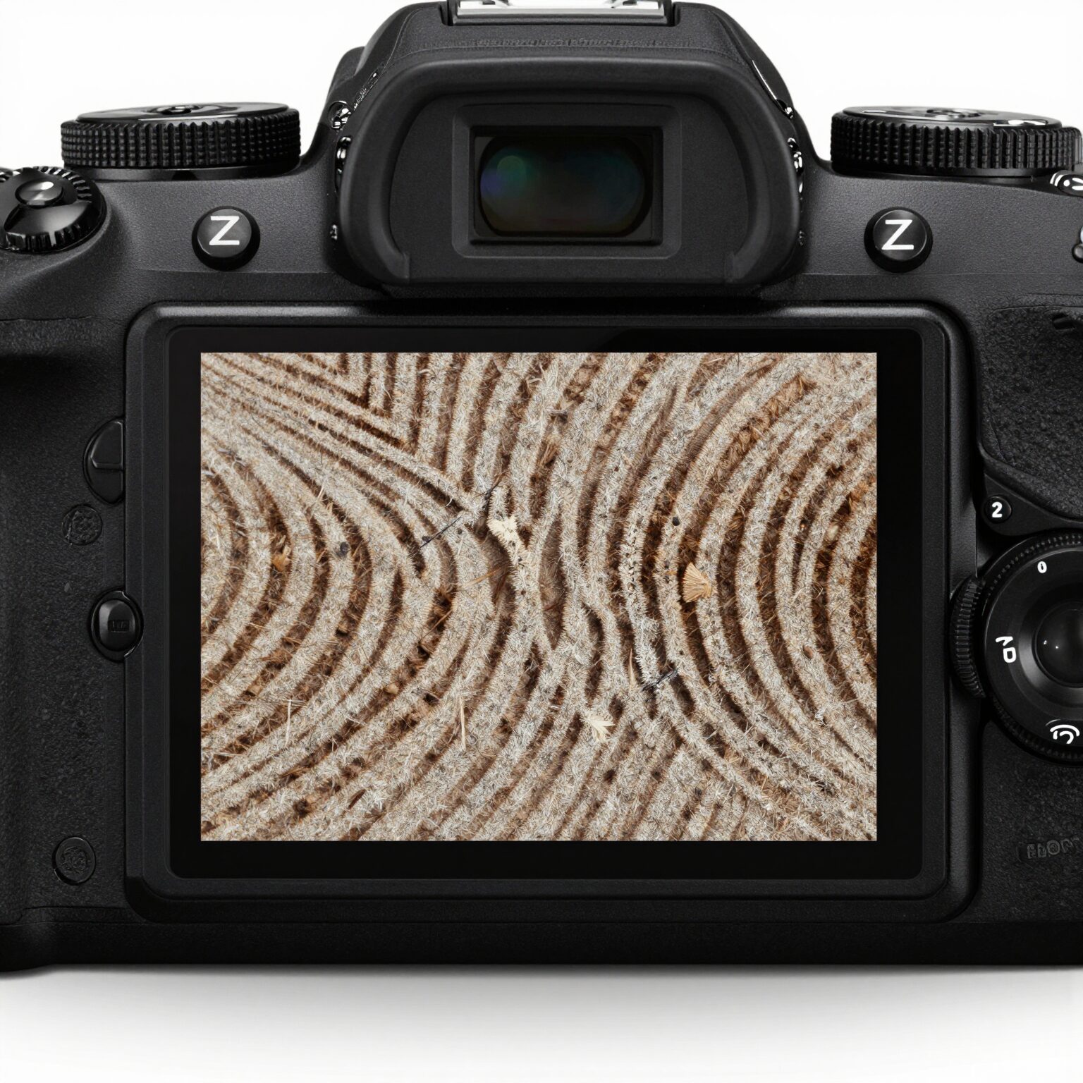 니콘 Z 카메라의 LCD 화면에 제브라 패턴이 표시된 모습. 중간톤 부분에 줄무늬가 보인다.