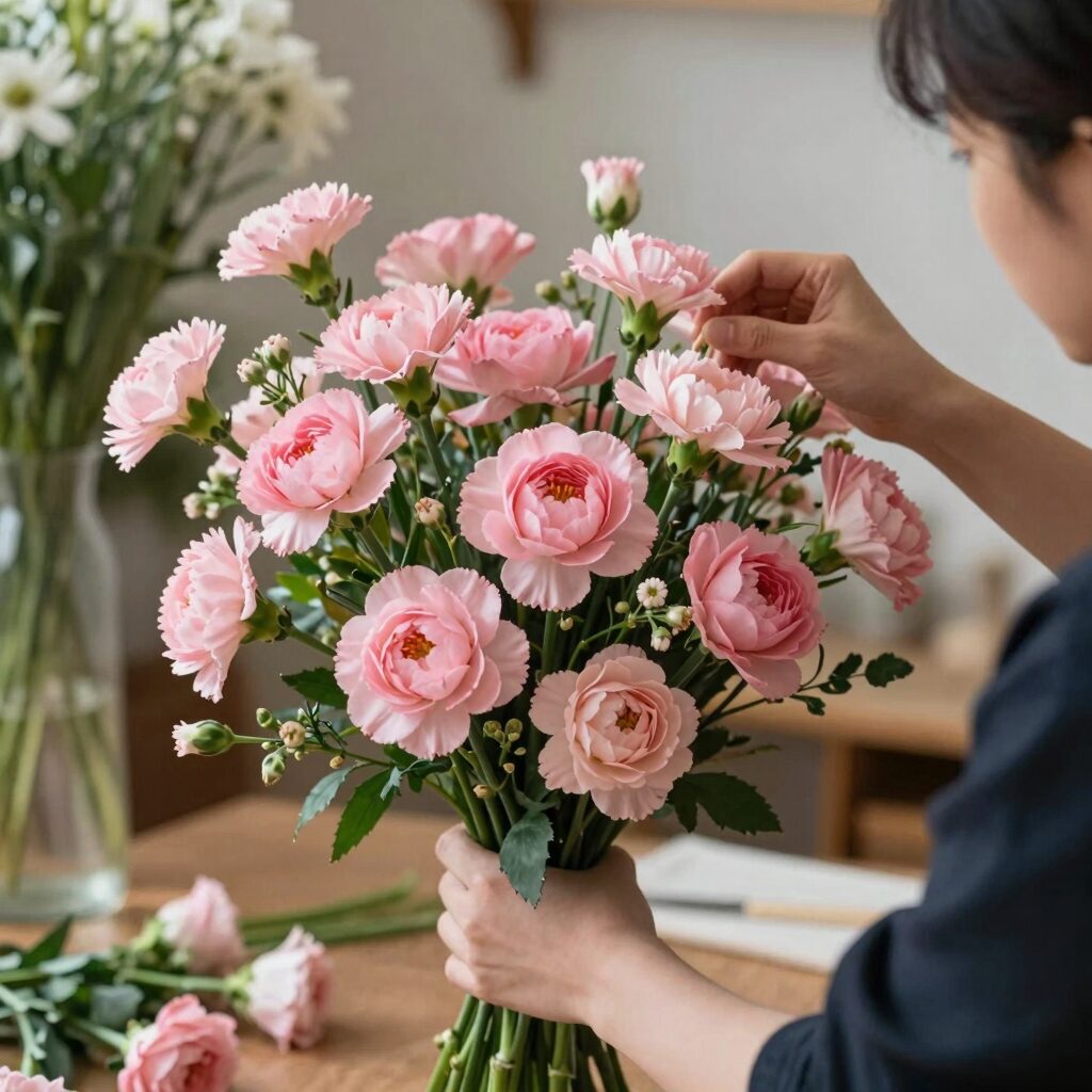 분홍 카네이션과 장미가 섞인 어버이날 꽃다발을 준비하는 모습