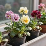 베란다 창가에서 햇빛을 받으며 자라는 건강한 카네이션 화분