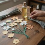 카네이션 디퓨저 DIY 키트 구성품이 테이블 위에 펼쳐져 있는 모습으로 종이꽃잎과 철사, 디퓨저 용기, 향 오일이 함께 진열되어 있다