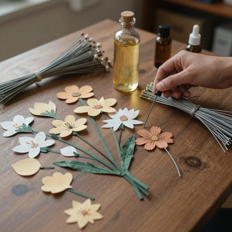 카네이션 디퓨저 DIY 키트 구성품이 테이블 위에 펼쳐져 있는 모습으로 종이꽃잎과 철사, 디퓨저 용기, 향 오일이 함께 진열되어 있다