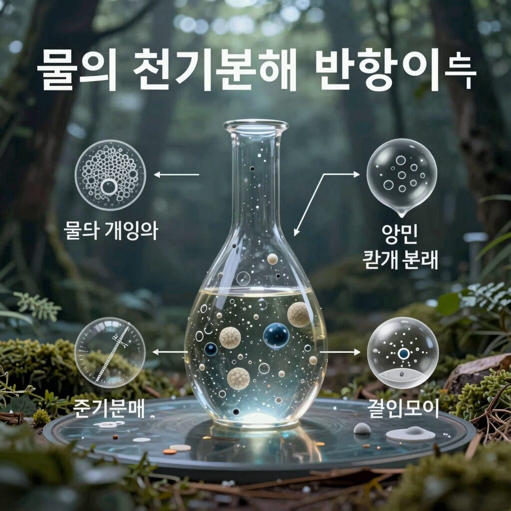 물의 전기분해 반응식을 입자 모형과 화학 기호로 비교하여 보여주는 다이어그램