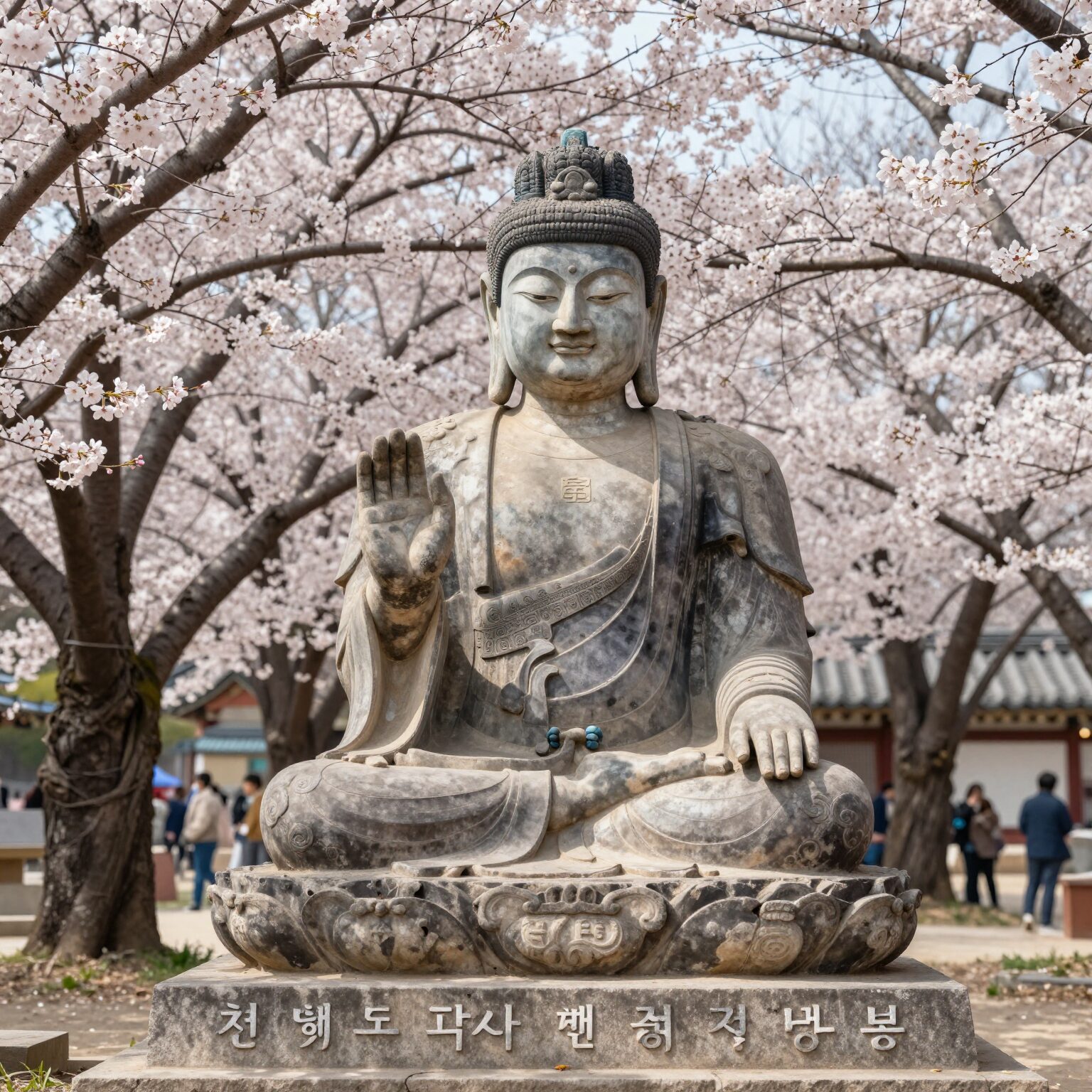 천안 각원사 청동대불과 핀 겹벚꽃 배경의 봄 풍경
