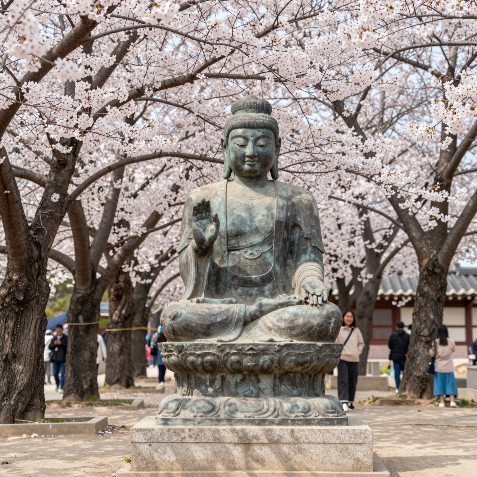 봄날 천안 각원사 청동대불과 핀 겹벚꽃 풍경