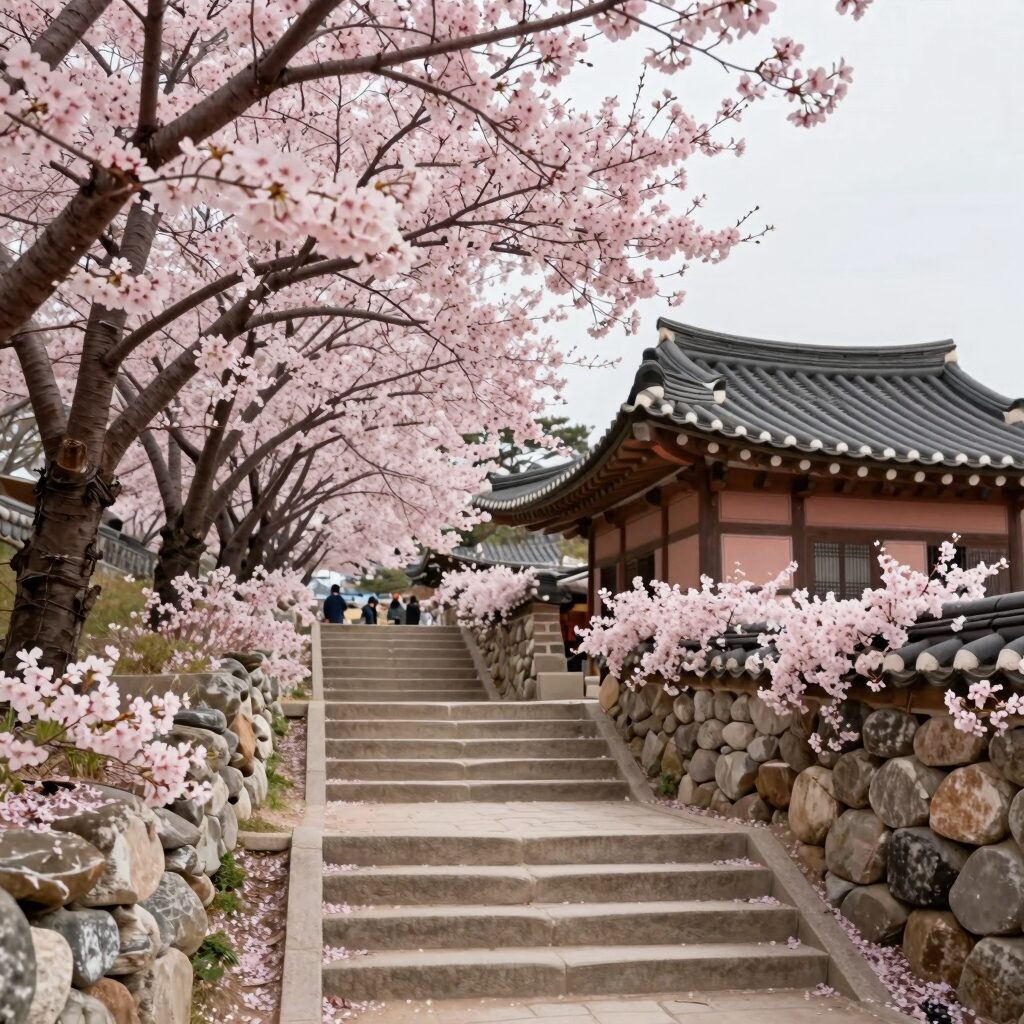 사천 청룡사 극락 계단 양옆에 핀 핑크빛 겹벚꽃 터널, 벚꽃 가지가 드리워진 돌담과 전통 기와지붕이 조화를 이룬 모습