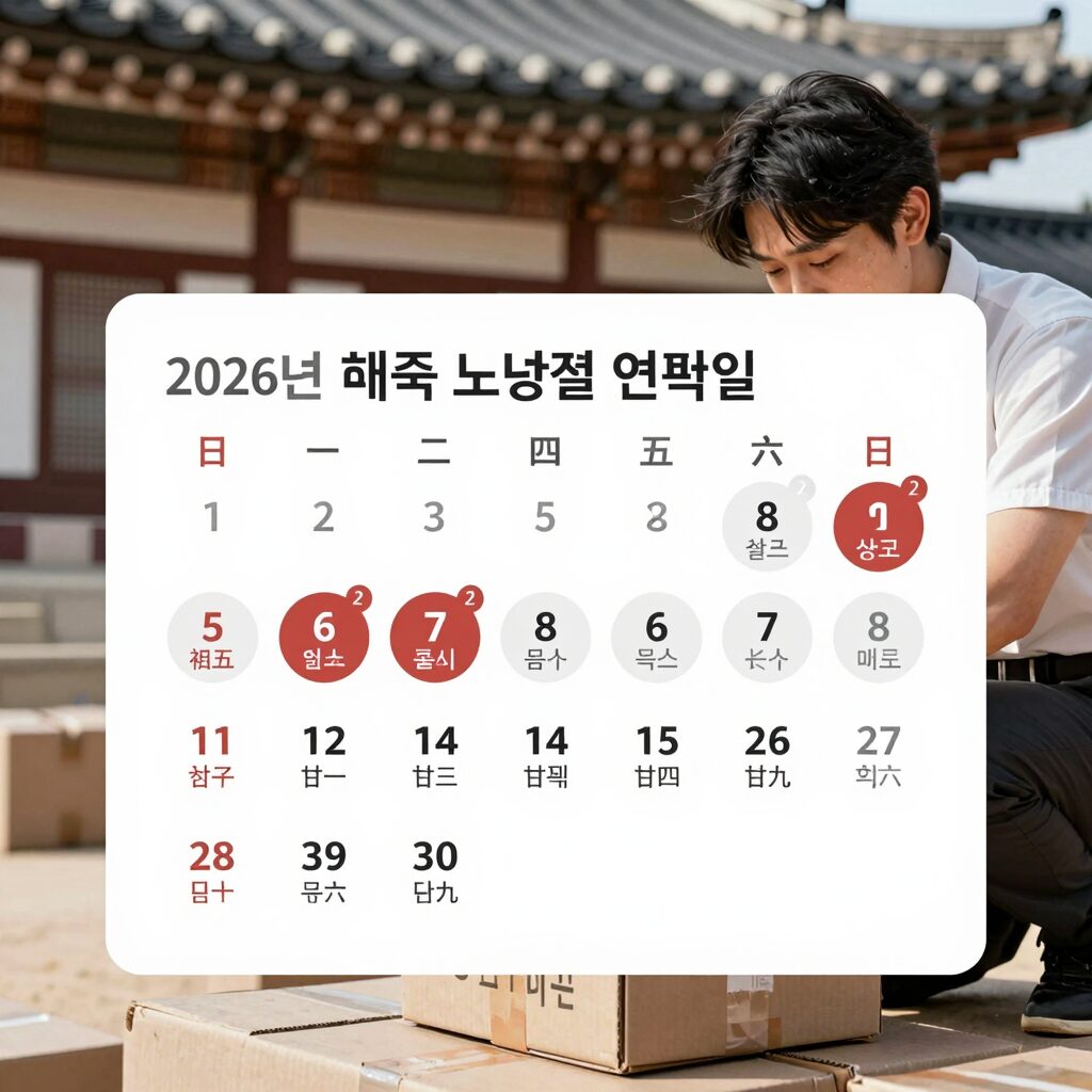 2026년 중국 노동절 연휴 일정이 표시된 달력과 배송 박스 이미지