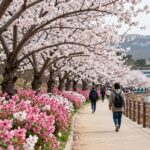 초안산생태공원 봄철 산책로에 핀 철쭉과 벚꽃이 어우러진 풍경