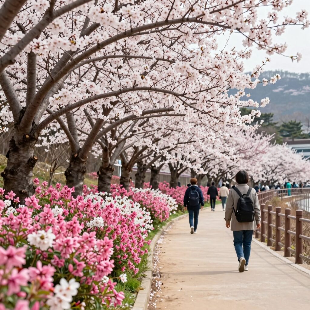 초안산생태공원 봄철 산책로에 핀 철쭉과 벚꽃이 어우러진 풍경