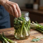 데친 취나물을 장아찌 소스가 담긴 유리병에 담그는 과정