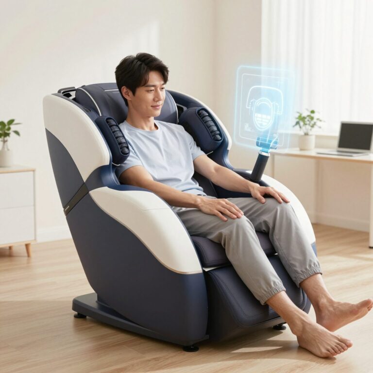쿨이온 마사지기로 사무실에서 손목 통증을 관리하는 모습