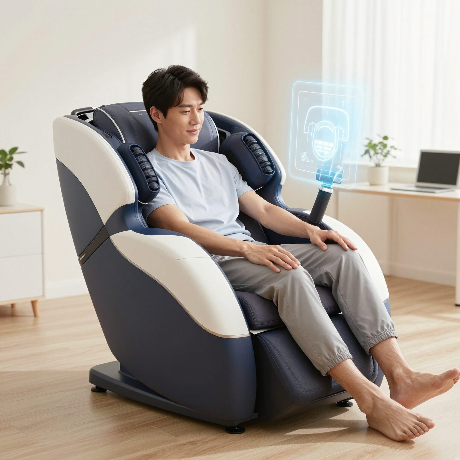 쿨이온 마사지기로 사무실에서 손목 통증을 관리하는 모습