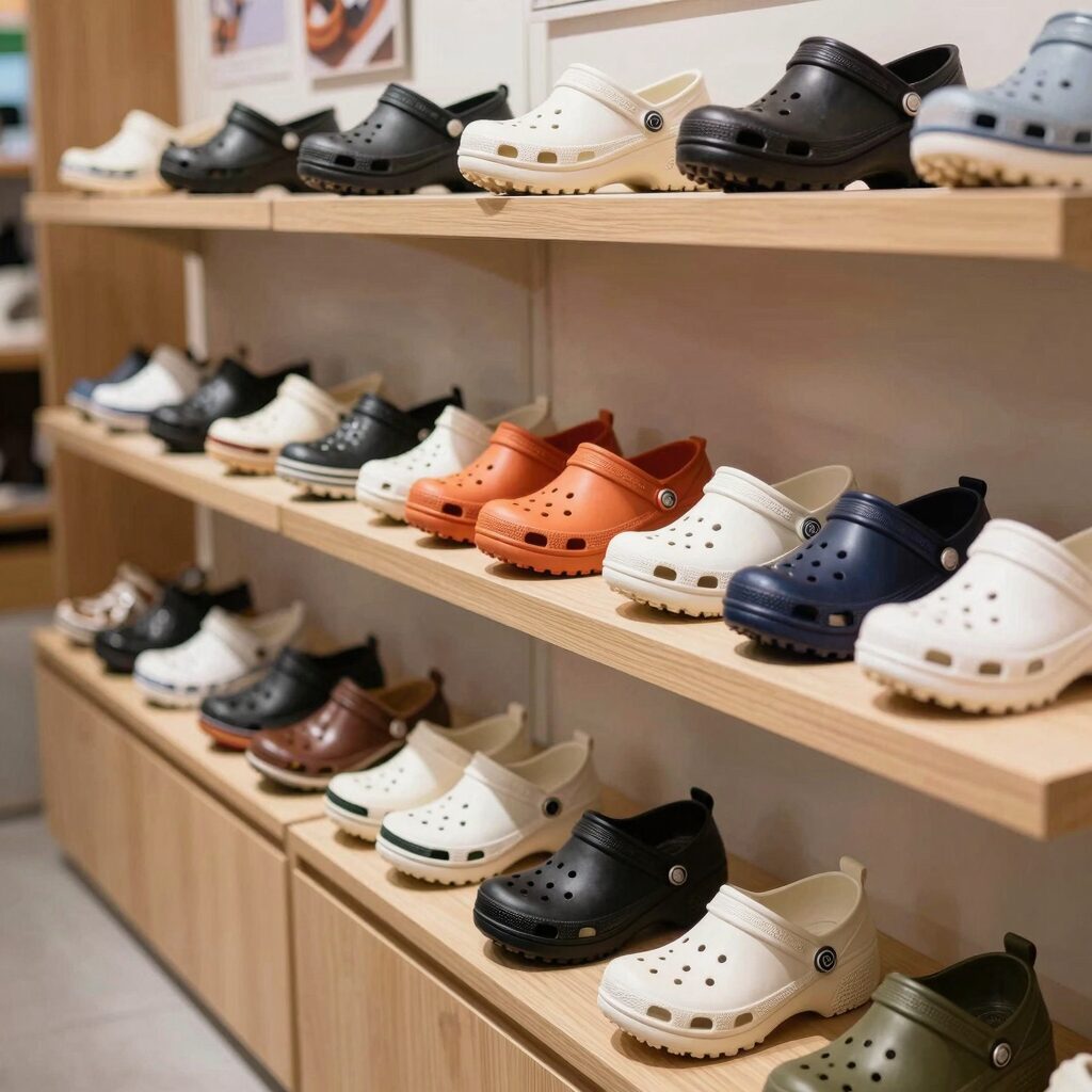크록스키즈 매장 진열대에 다양한 색상과 사이즈의 신발들이 정리되어 있는 모습