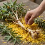 깨끗이 씻어 잘라놓은 민들레 뿌리와 황금빛으로 우려낸 민들레차