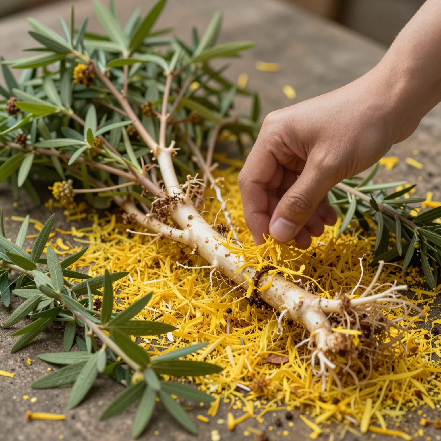깨끗이 씻어 잘라놓은 민들레 뿌리와 황금빛으로 우려낸 민들레차