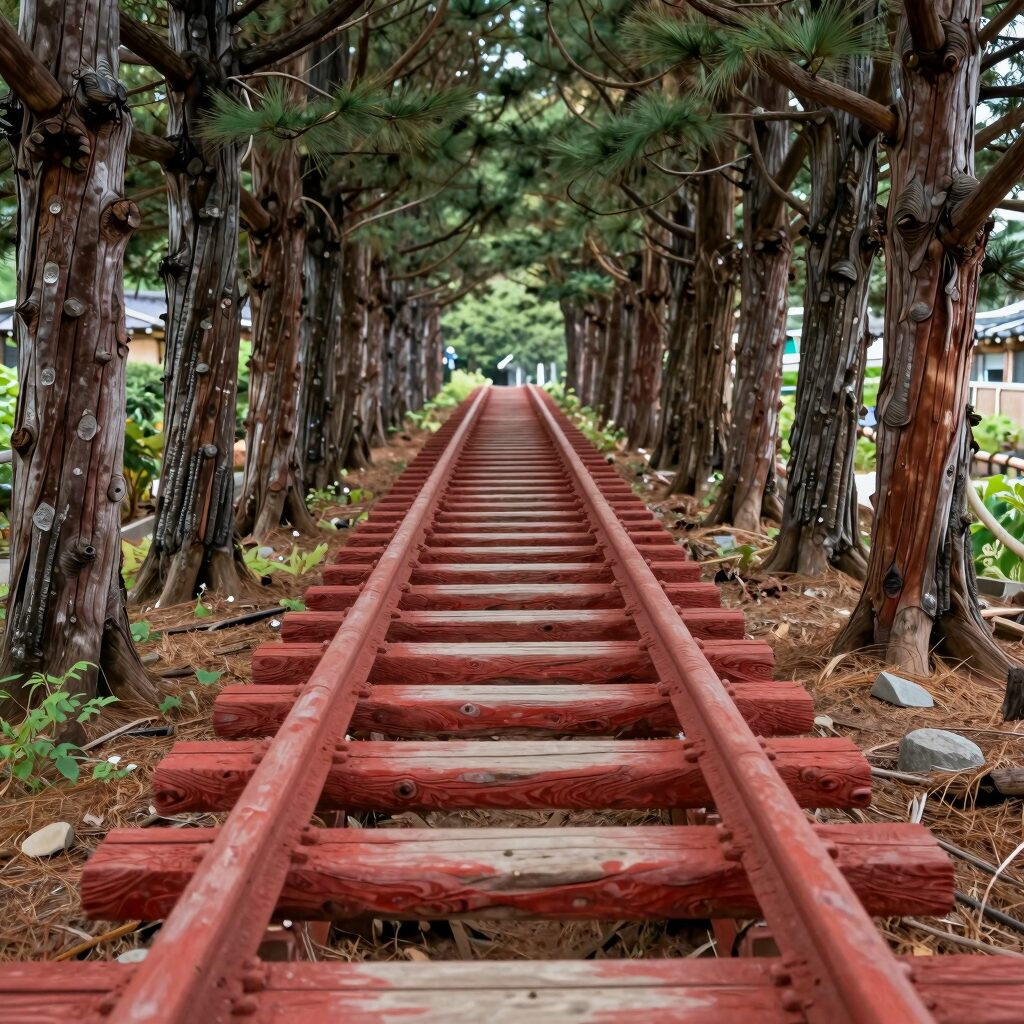 후쿠오카 다자이후 텐만구 입구의 긴 붉은 다리와 오래된 나무들
