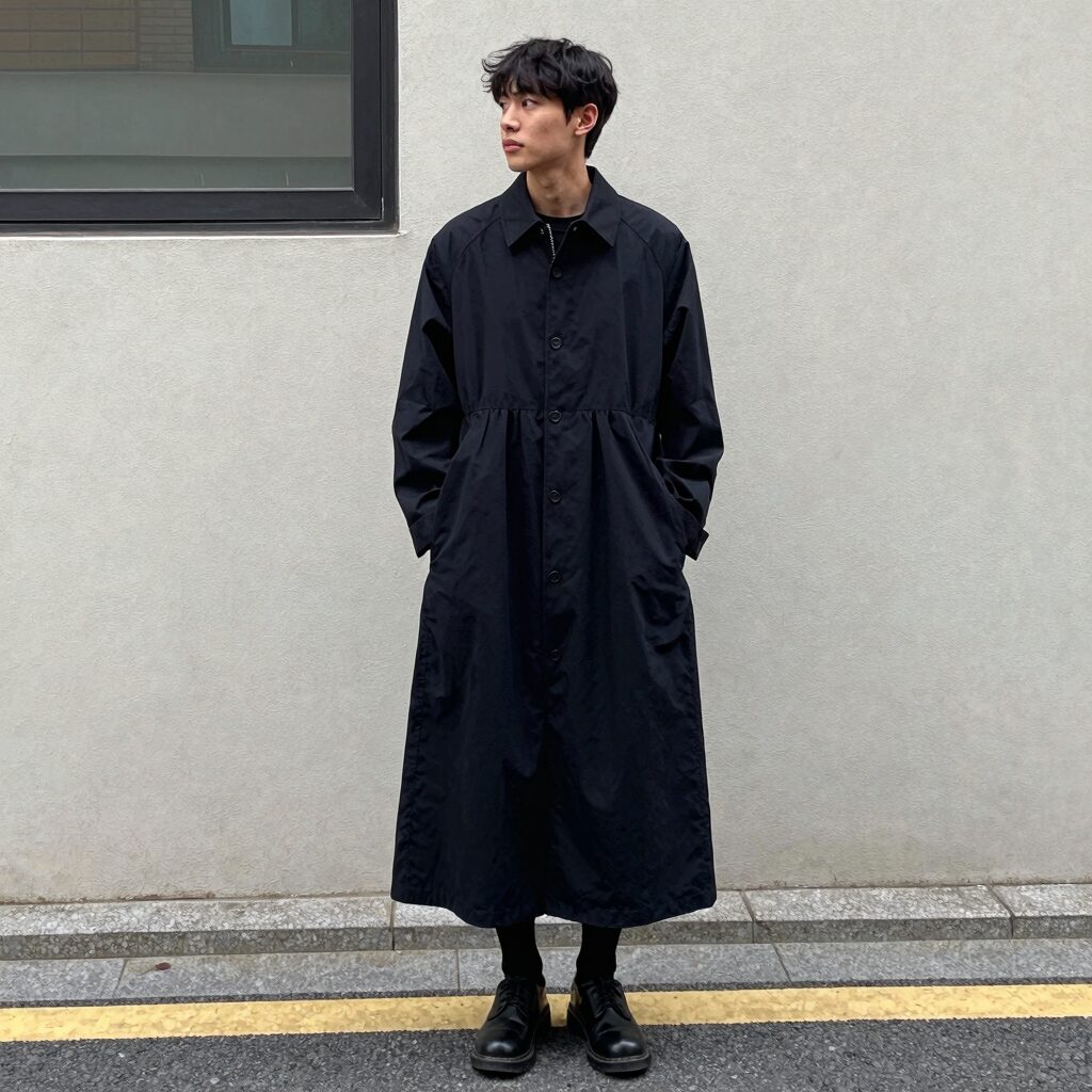 검정 롱 원피스에 오버핏 청자켓을 걸친 여성의 뒷모습, 화이트 스니커즈와 함께 캐주얼한 봄 스타일