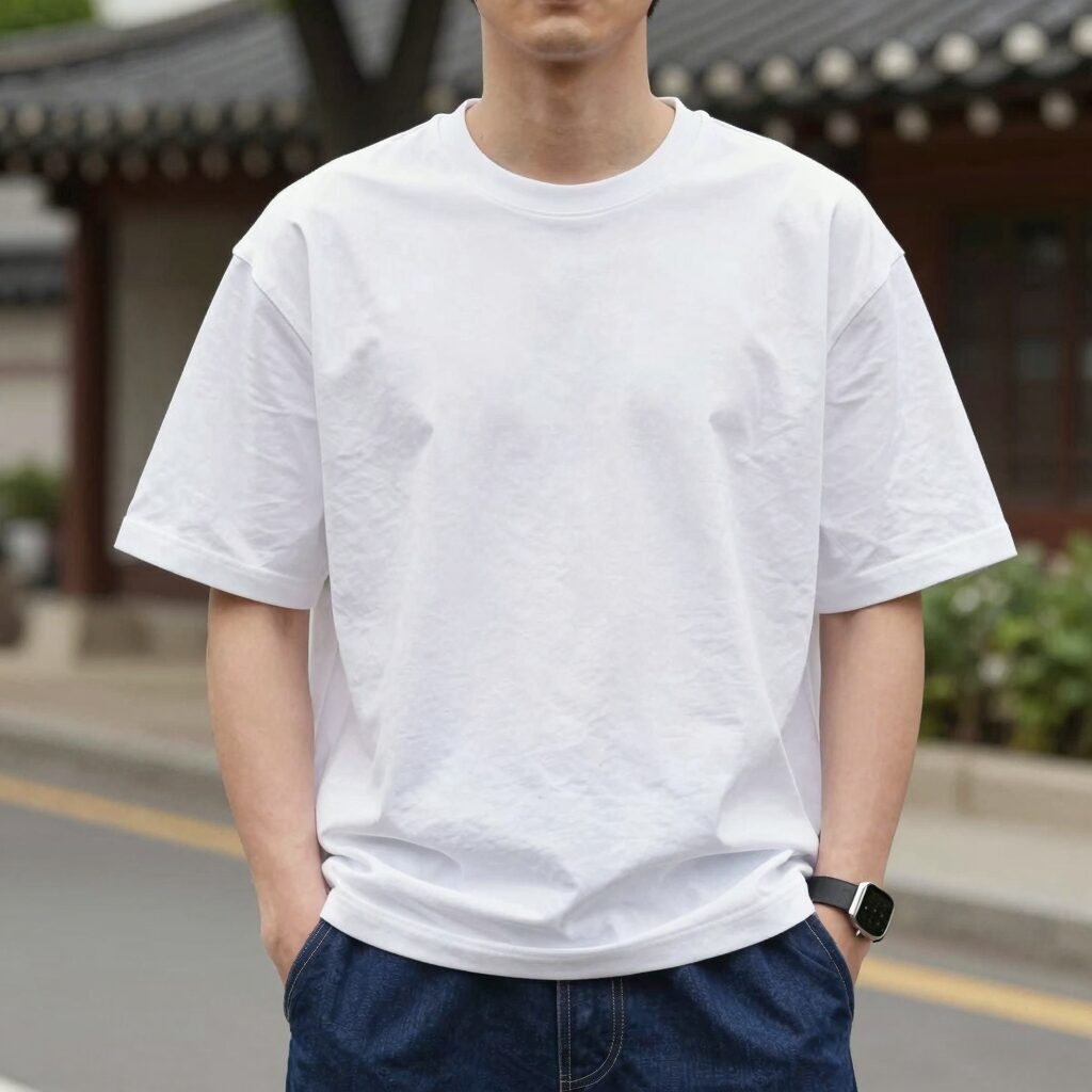 화이트 티셔츠 위에 청남방을 걸친 레이어드 코디로 봄 데일리룩을 연출한 모습