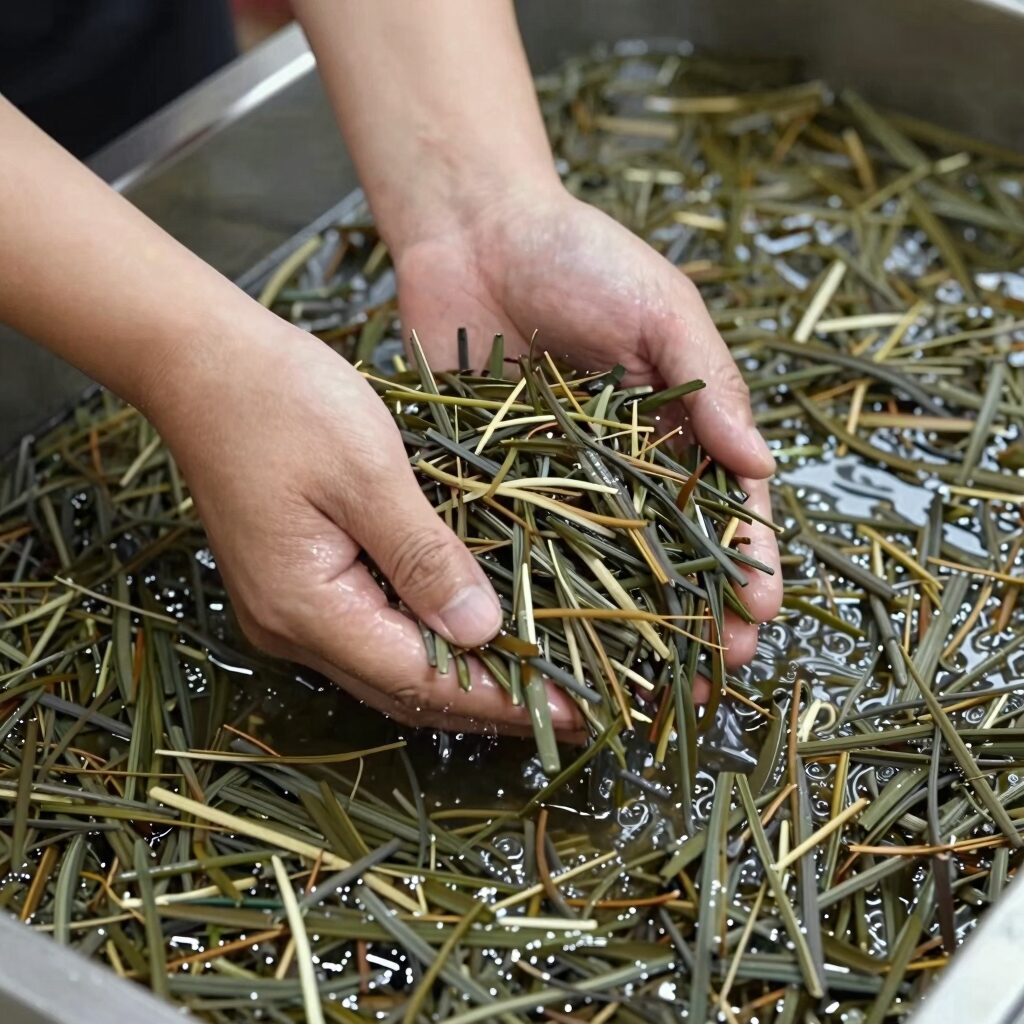 데친 머위를 물에 담가 쓴맛을 빼는 과정