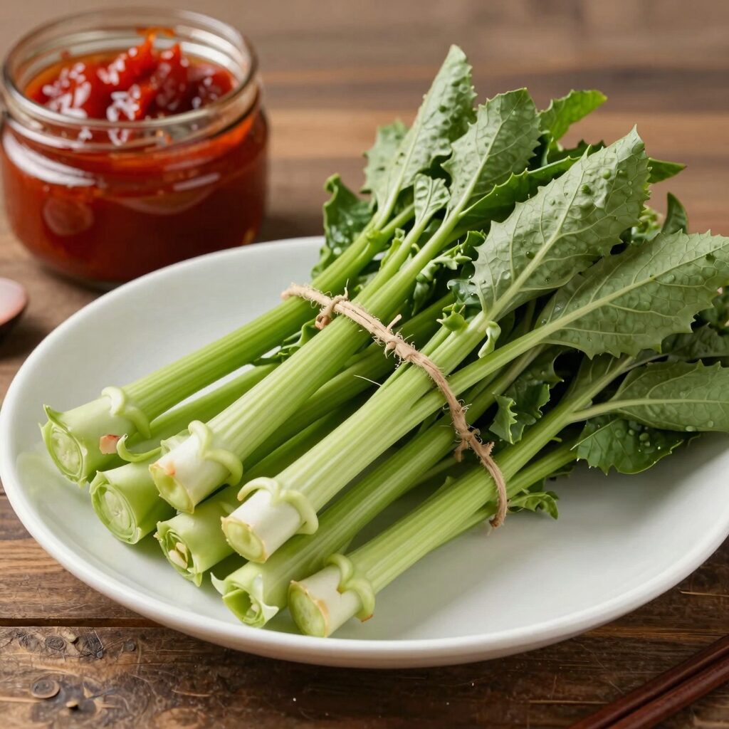 데친 두릅나물이 접시에 가지런히 담겨 있고 옆에 초고추장이 놓여 있다