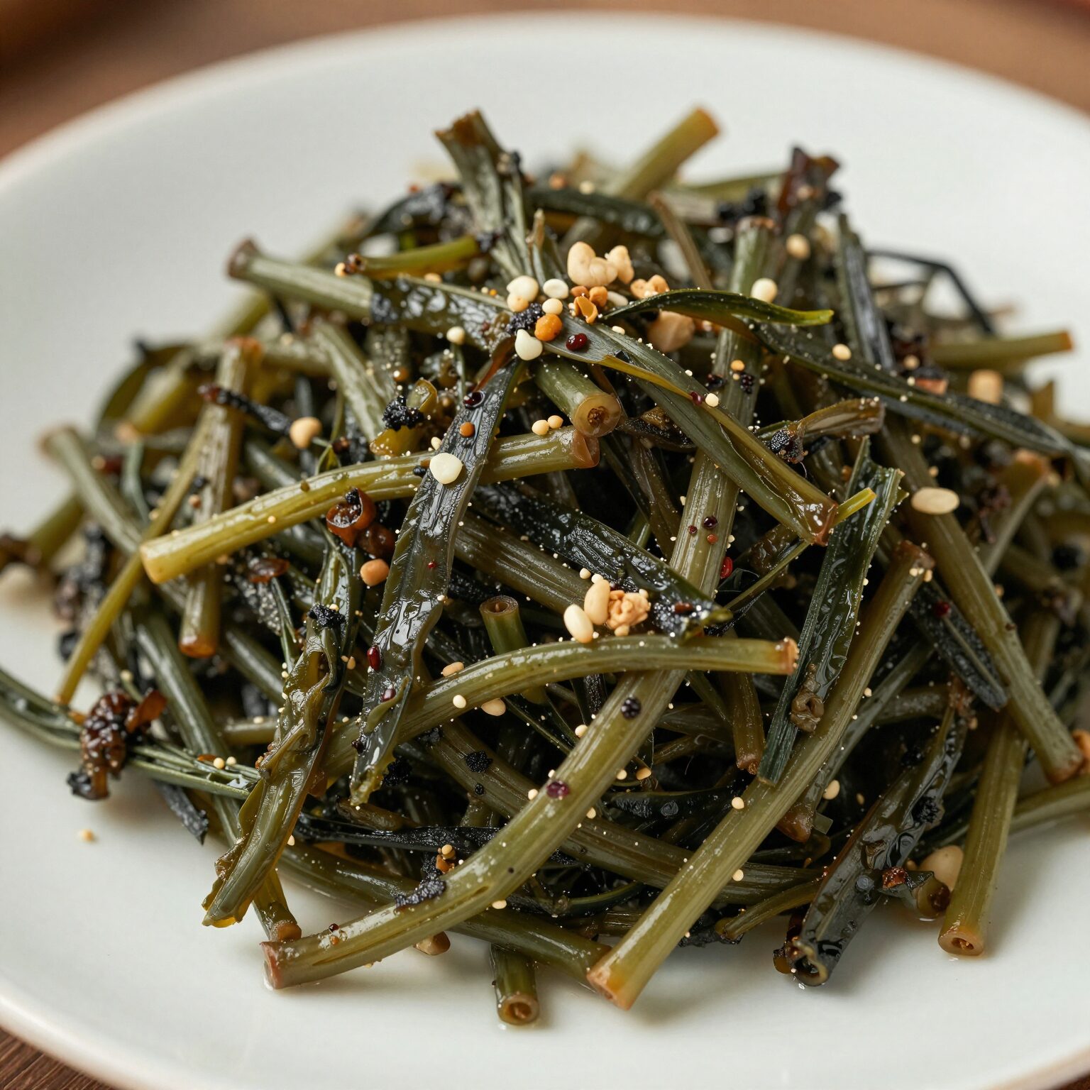 접시에 담긴 구수한 두릅된장무침 근접 촬영