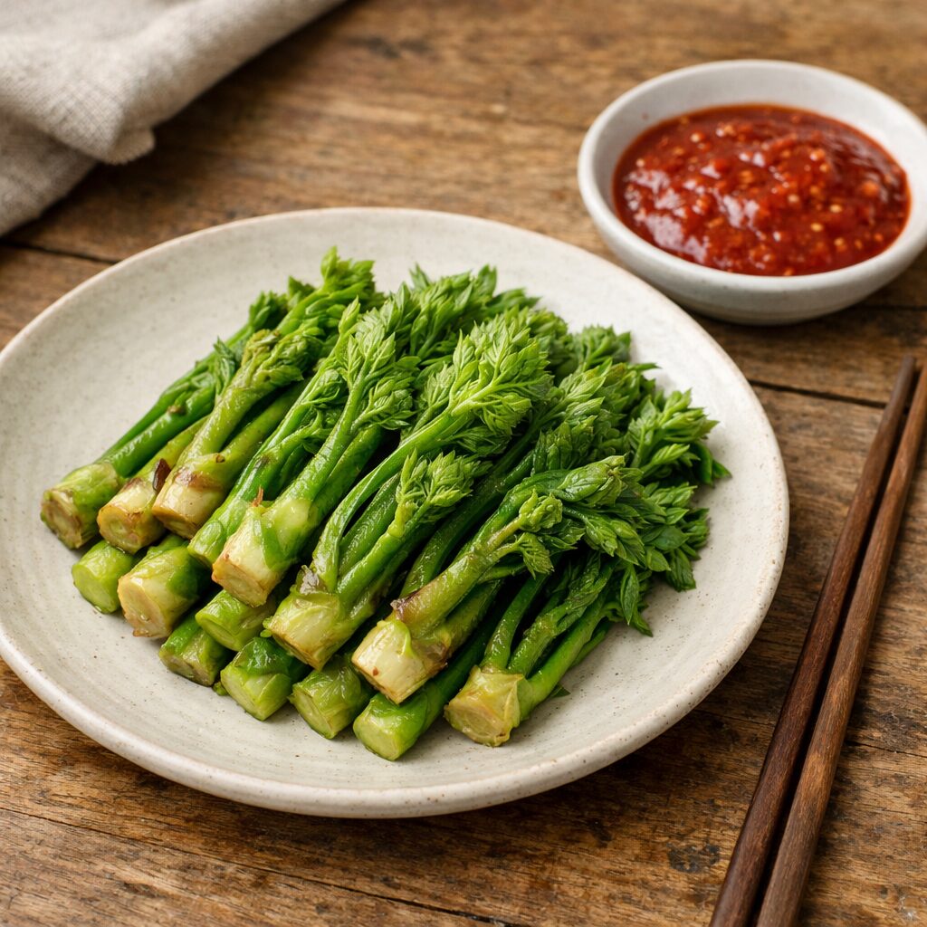데친 땅두릅과 초고추장이 접시에 담겨 있는 모습. 봄나물 정식