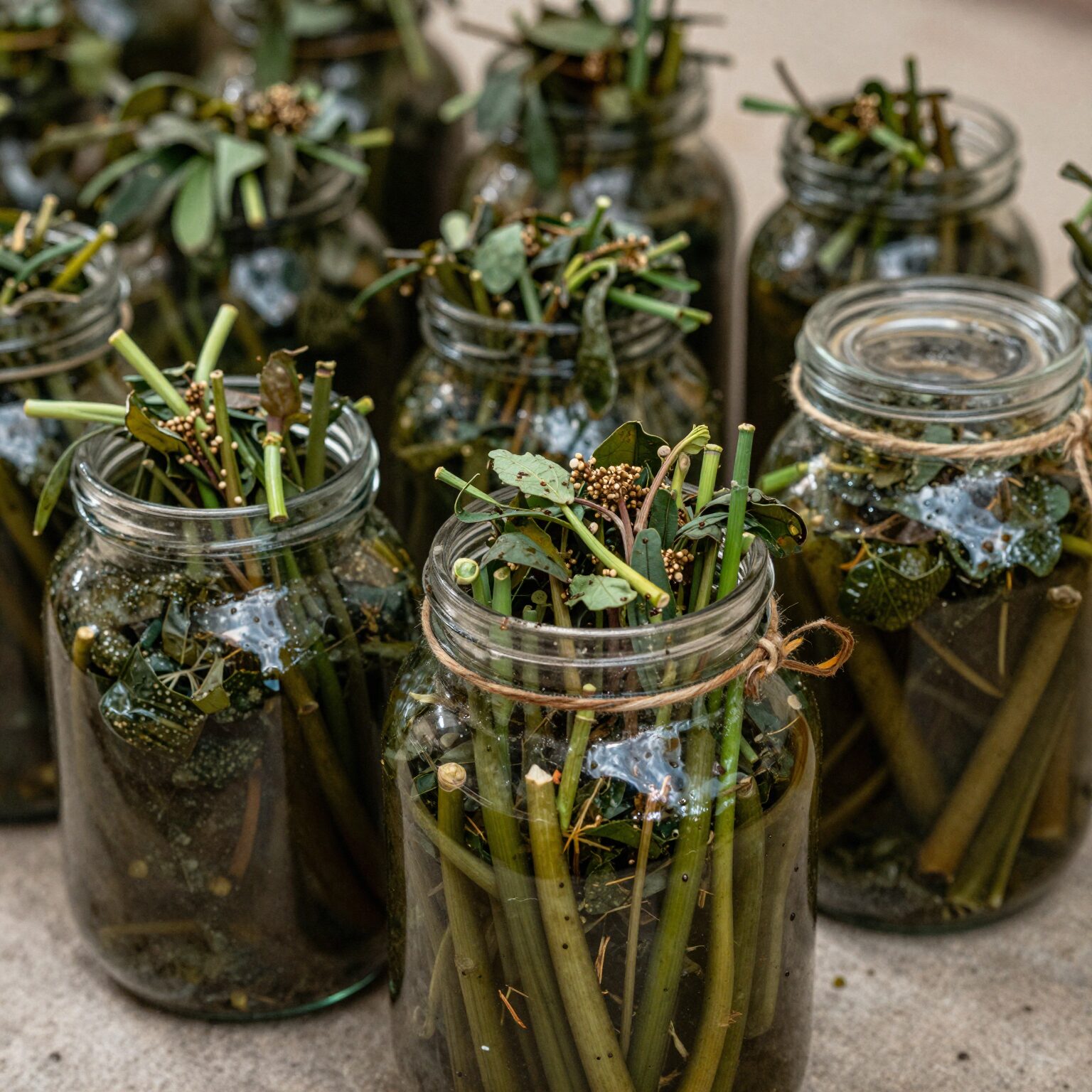 데친 다래순과 명이나물을 장아찌 병에 차곡차곡 담은 모습