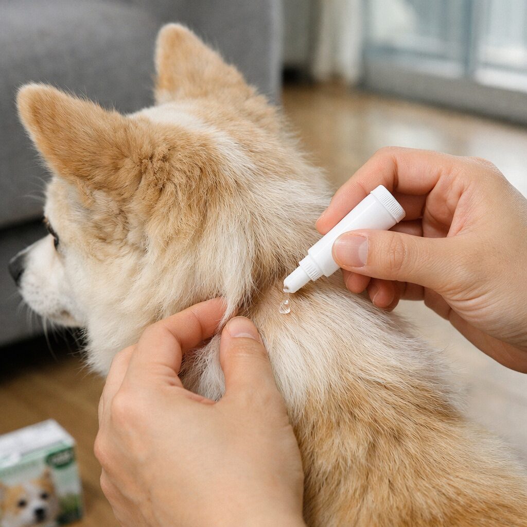 강아지 목 뒤에 스팟온 타입 진드기약을 바르는 모습