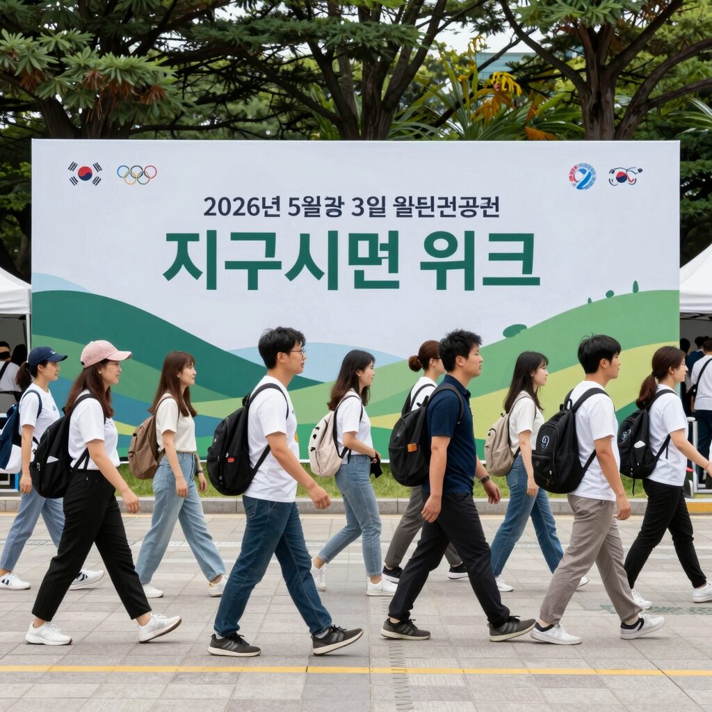 2026년 5월 3일 서울 올림픽공원에서 열리는 지구시민워크 행사 포스터와 참가자들이 함께 걷는 모습