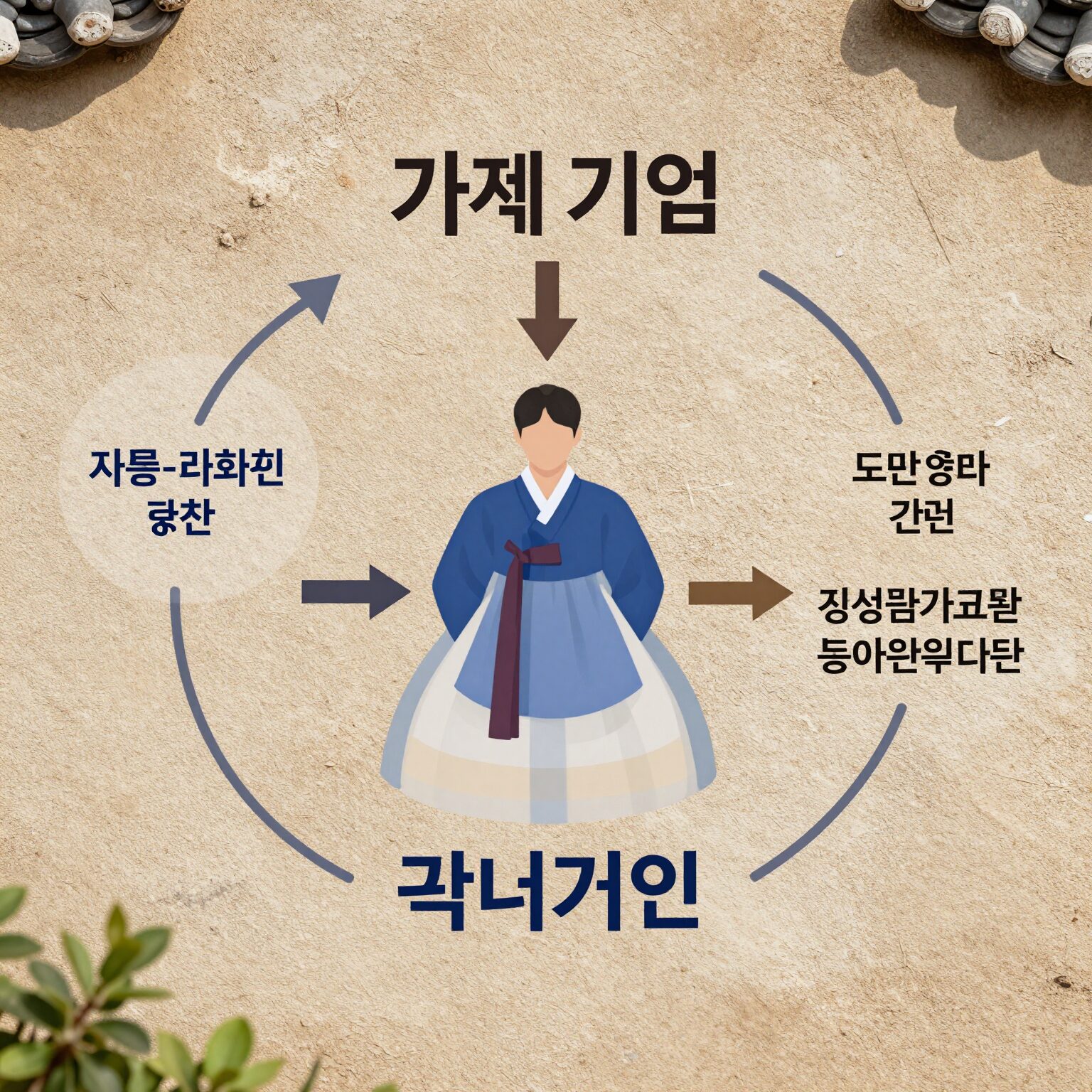 가계 기업 정부 금융기관 간의 상호작용을 나타낸 다이어그램, 화살표로 자금과 재화의 흐름을 표시