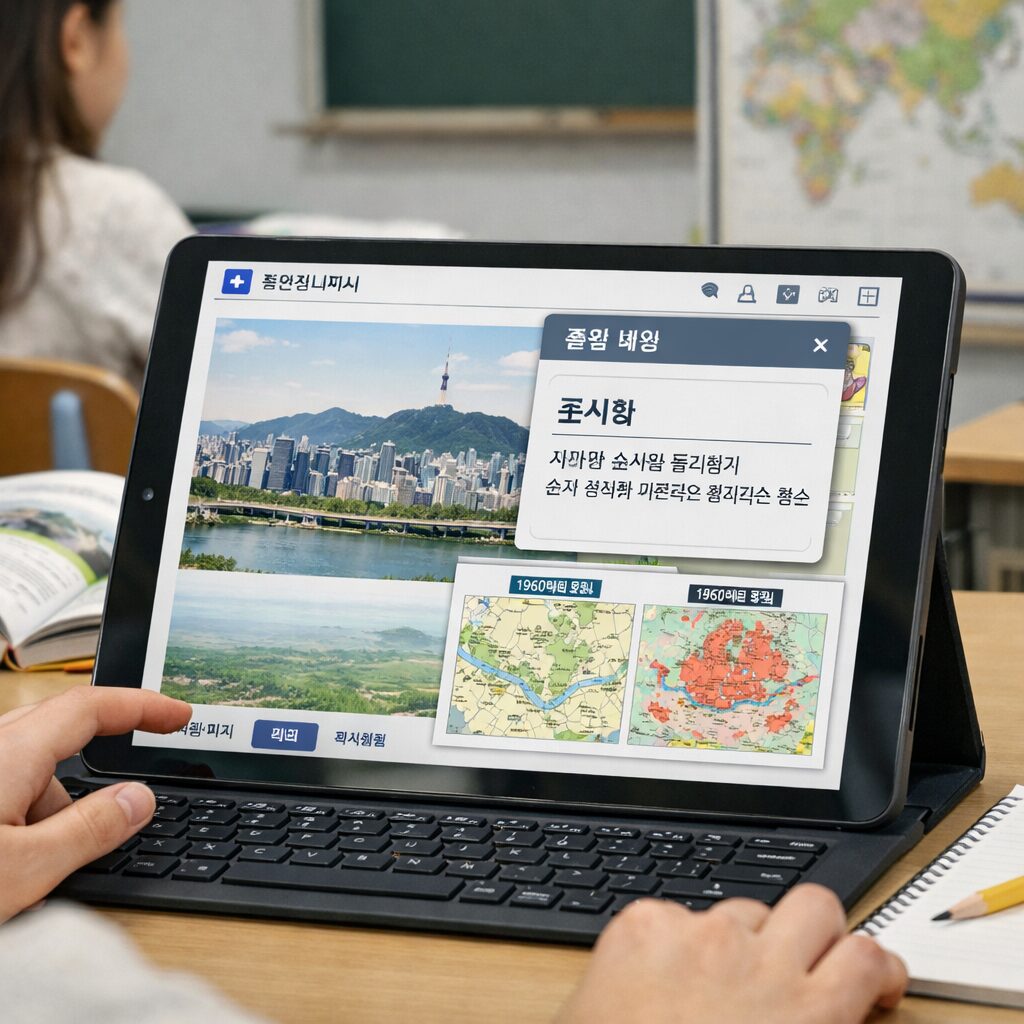 에듀넷 디지털교과서 사회 화면, 어려운 단어 뜻 확인과 지도 비교 자료 표시