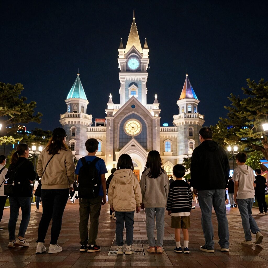 에버랜드 문라이트 퍼레이드에서 반짝이는 조명과 함께 웃고 있는 아이와 가족