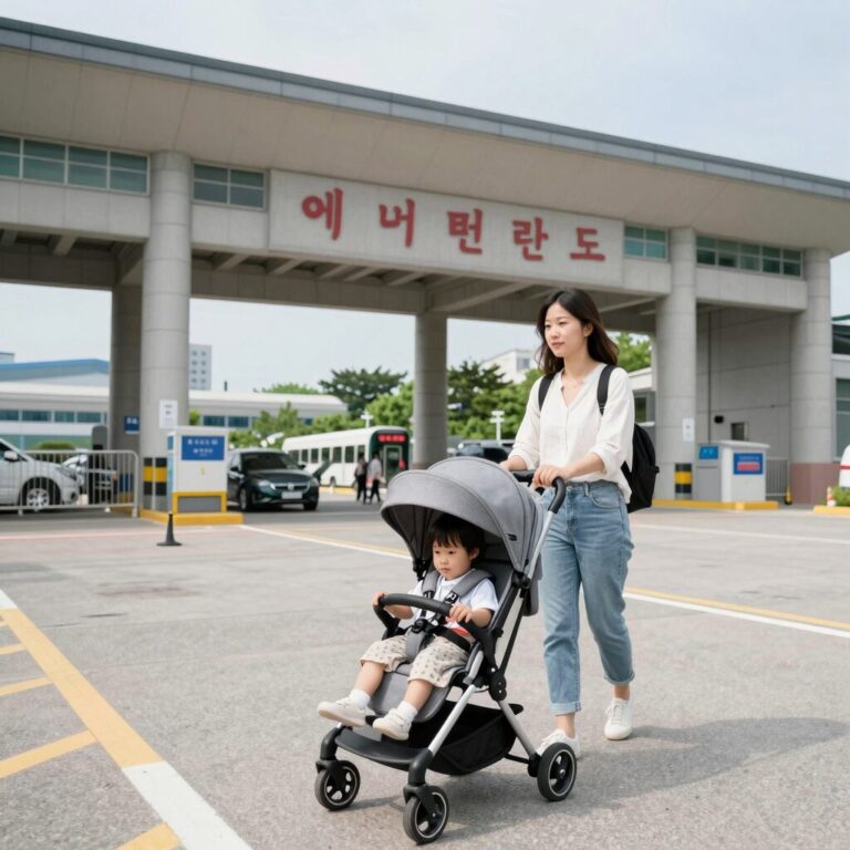 에버랜드 정문 주차장 유모차와 함께 입구로 들어가는 엄마와 아이 모습