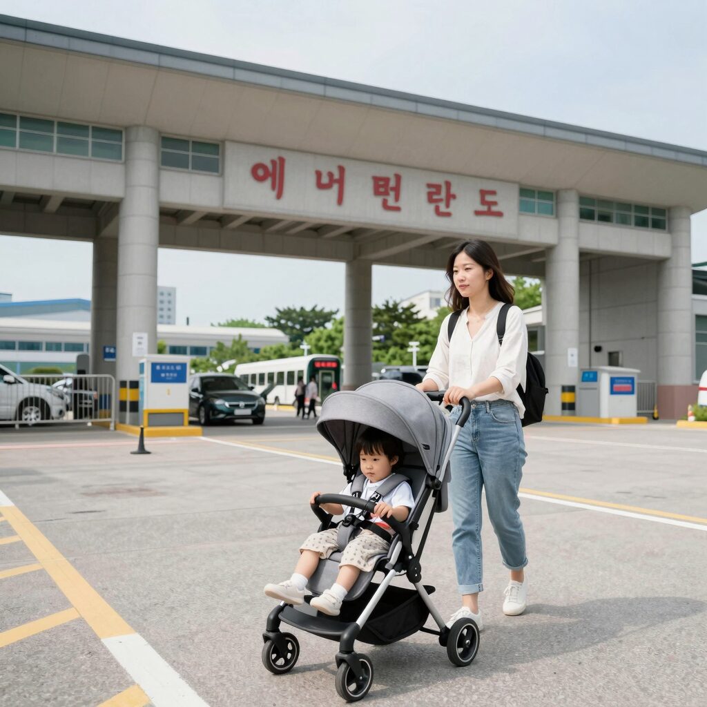 에버랜드 정문 주차장 유모차와 함께 입구로 들어가는 엄마와 아이 모습