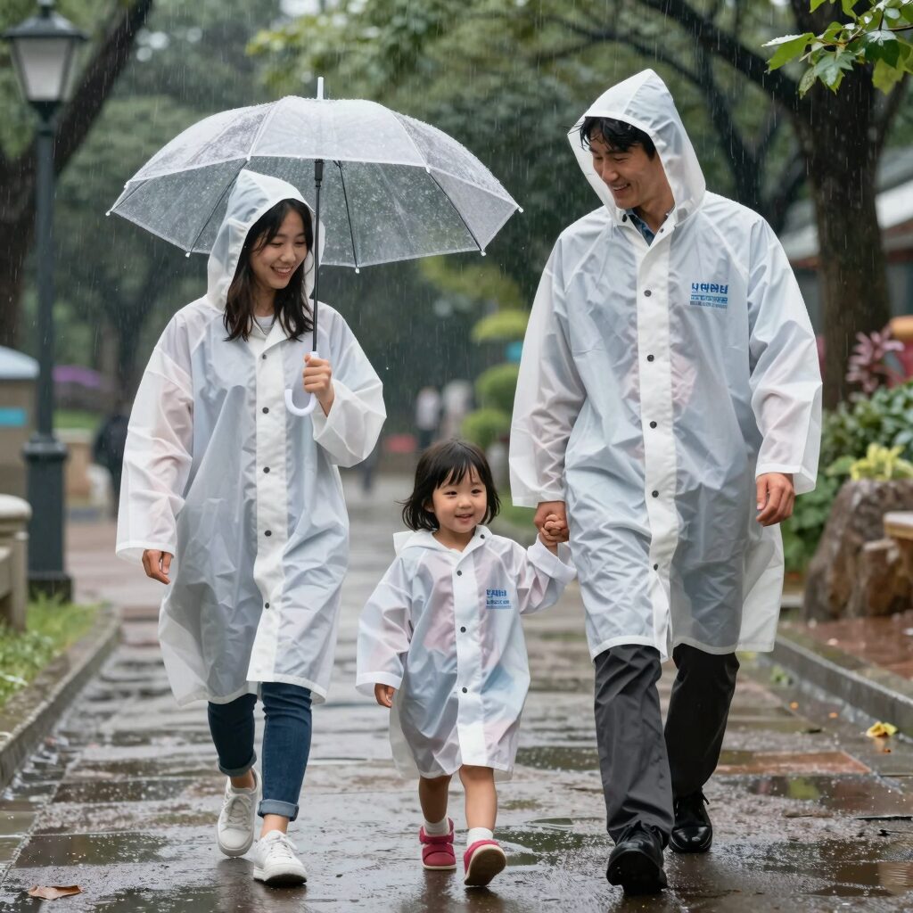 비 오는 날 에버랜드에서 우비를 입고 웃으며 걷는 아이와 부모