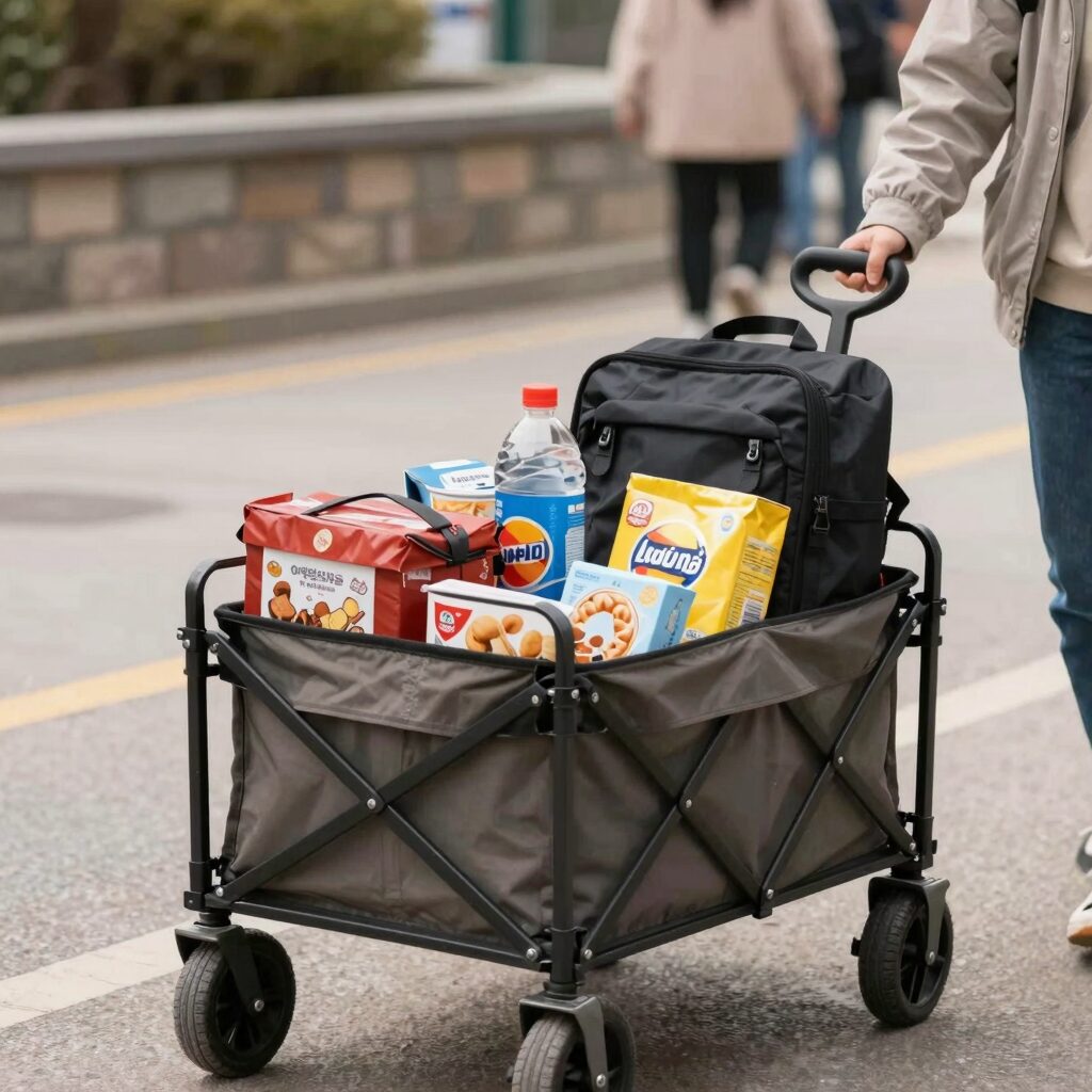 에버랜드 봄 나들이 준비물 폴딩카트 우비 간식이 담긴 가방
