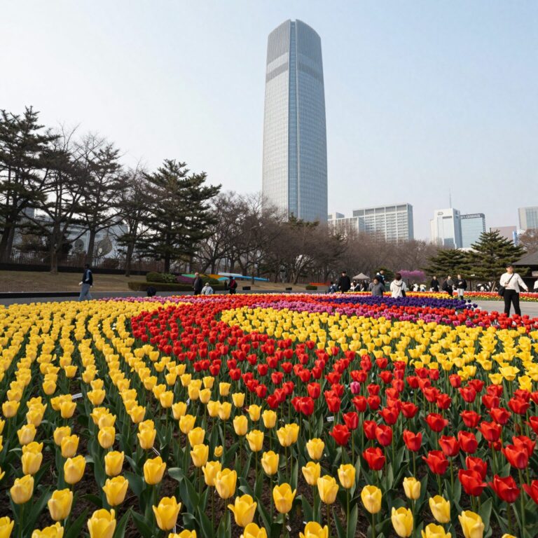 대구 이월드 튤립축제 포시즌스가든의 알록달록한 튤립 화단과 배경의 83타워
