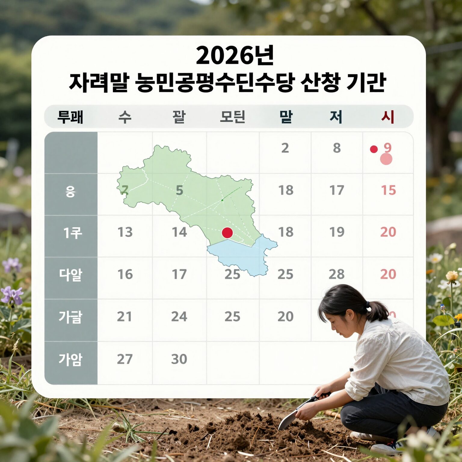 2026년 지역별 농민공익수당 신청 기간과 지급 시기를 보여주는 달력 이미지