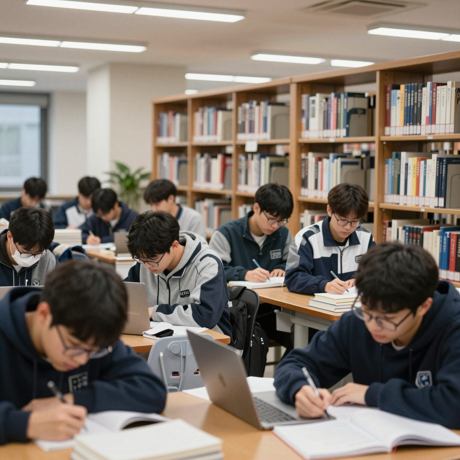 대학 도서관에서 기말고사를 준비하는 학생의 모습. 책과 노트, 플래너가 책상 위에 놓여 있다.