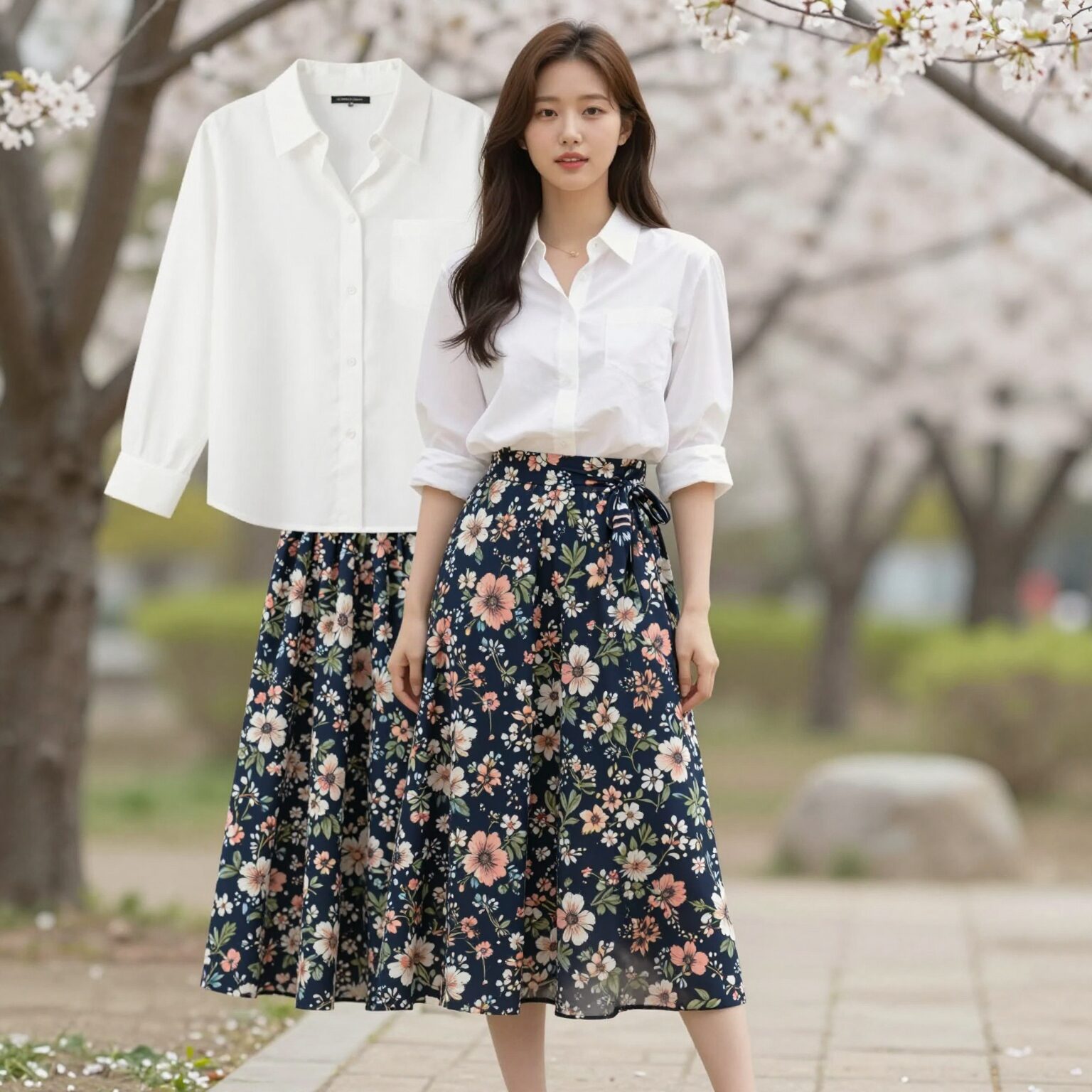 A라인 플라워 롱스커트와 화이트 셔츠를 매치한 봄 데일리 코디