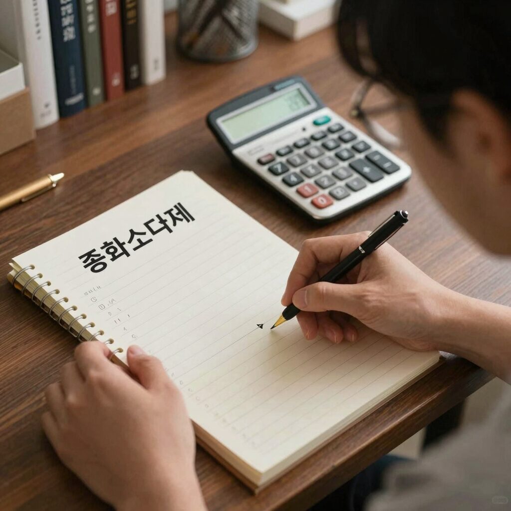 프리랜서가 메모장과 계산기를 보며 종합소득세 신고 준비를 하는 모습