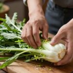 신선한 열무를 손질하고 절이는 과정을 보여주는 사진