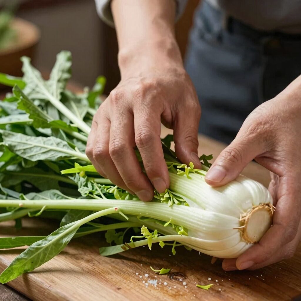 신선한 열무를 손질하고 절이는 과정을 보여주는 사진