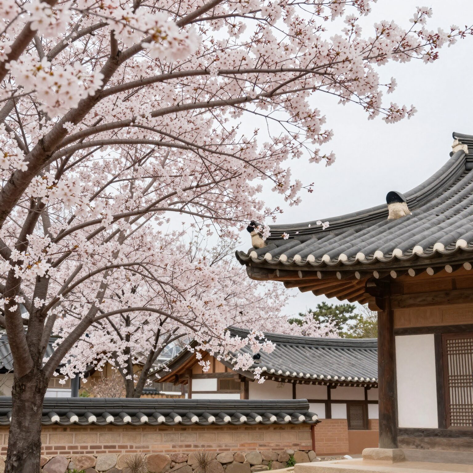 서산 개심사 청벚꽃과 전통 한옥 지붕이 조화를 이룬 봄 풍경