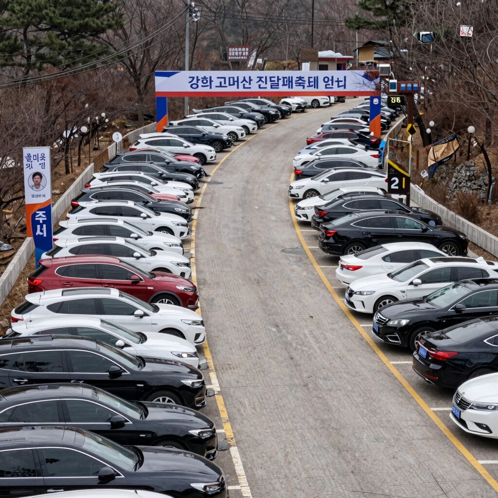 강화 고려산 진달래축제 임시 주차장 전경, 많은 차량이 주차되어 있고 산으로 가는 길이 보인다